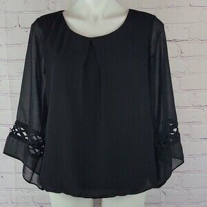 AGB Women's Whimsigoth Size Medium Black Sheer Bell Sleeve Top Scoop neckline